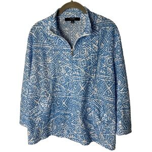 Toni Morgan Jacket Top Size 1X Petite 3/4 Sleeves Burnout Material Blue White